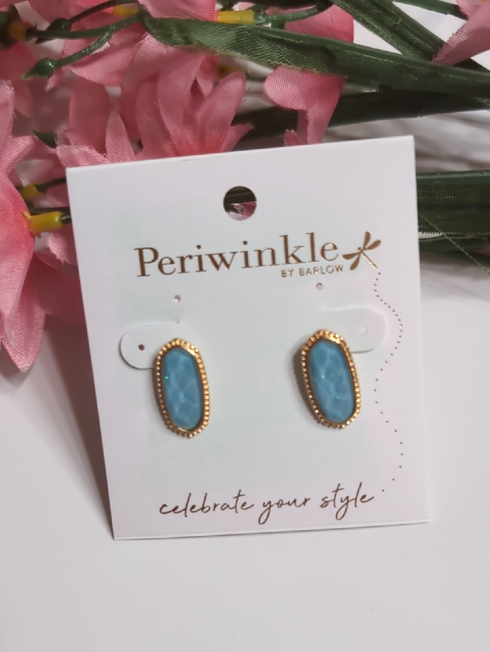 Periwinkle by Barlow Gold-Edged Turquoise Blue Oval Stud Earrings NWT